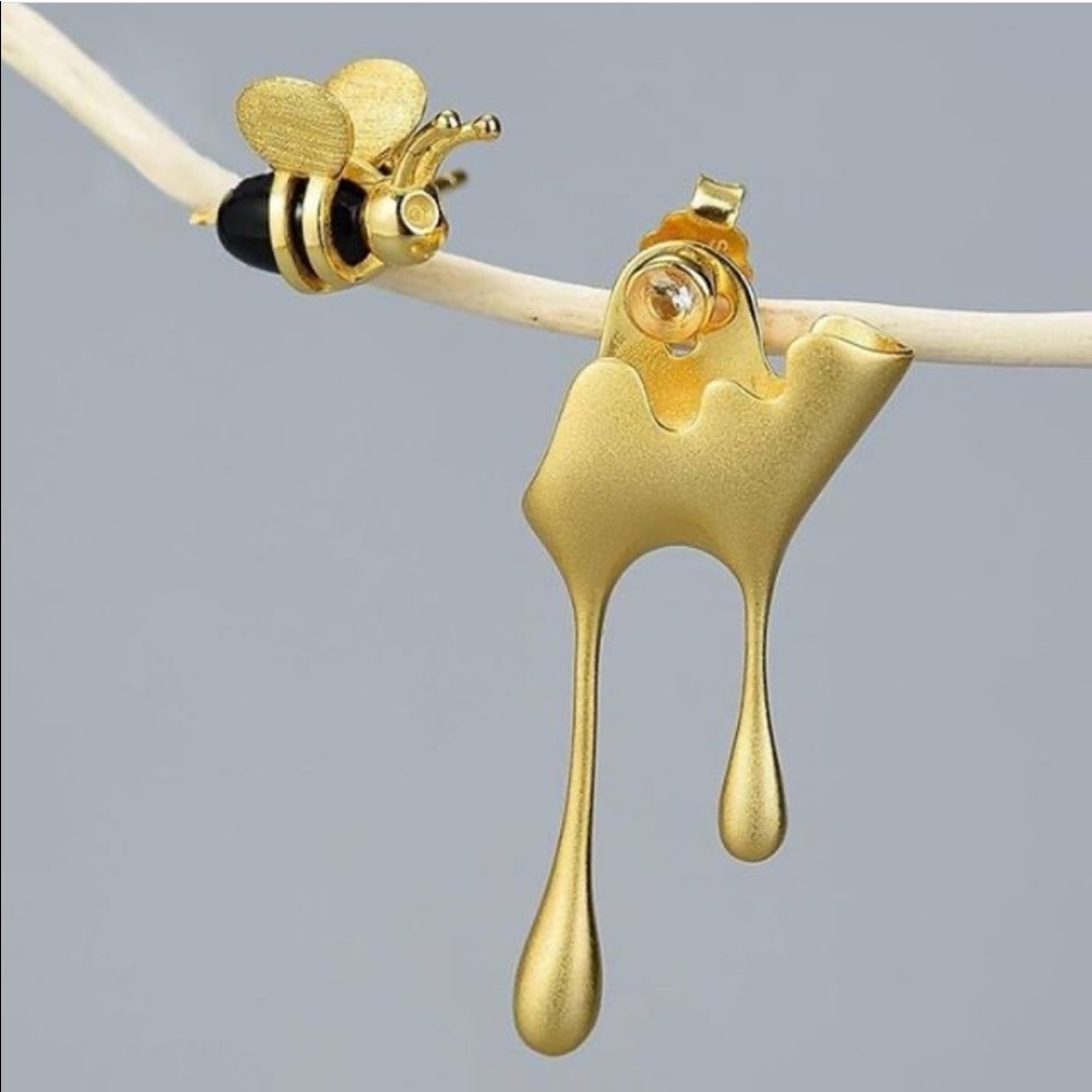 Honeybee Bee & Honey Drip Asymmetrical Earrings
